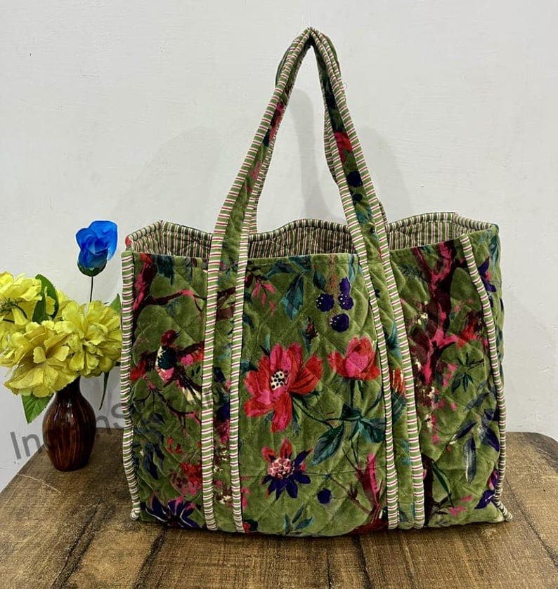 Handmade Green Bird Velvet Tote Bag: Quilted Party bags Market Bag