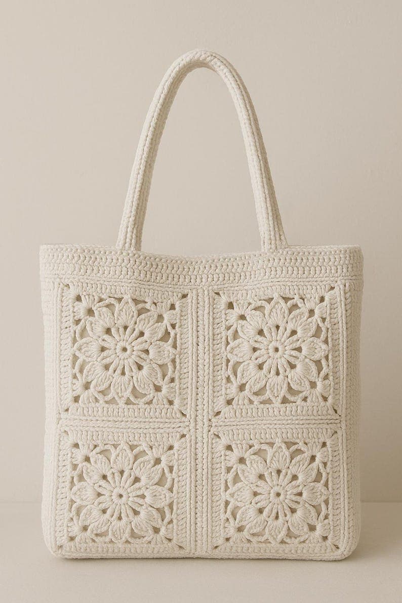 Handmade Crochet Granny Square Tote Bag: Boho Cotton Shoulder Bag